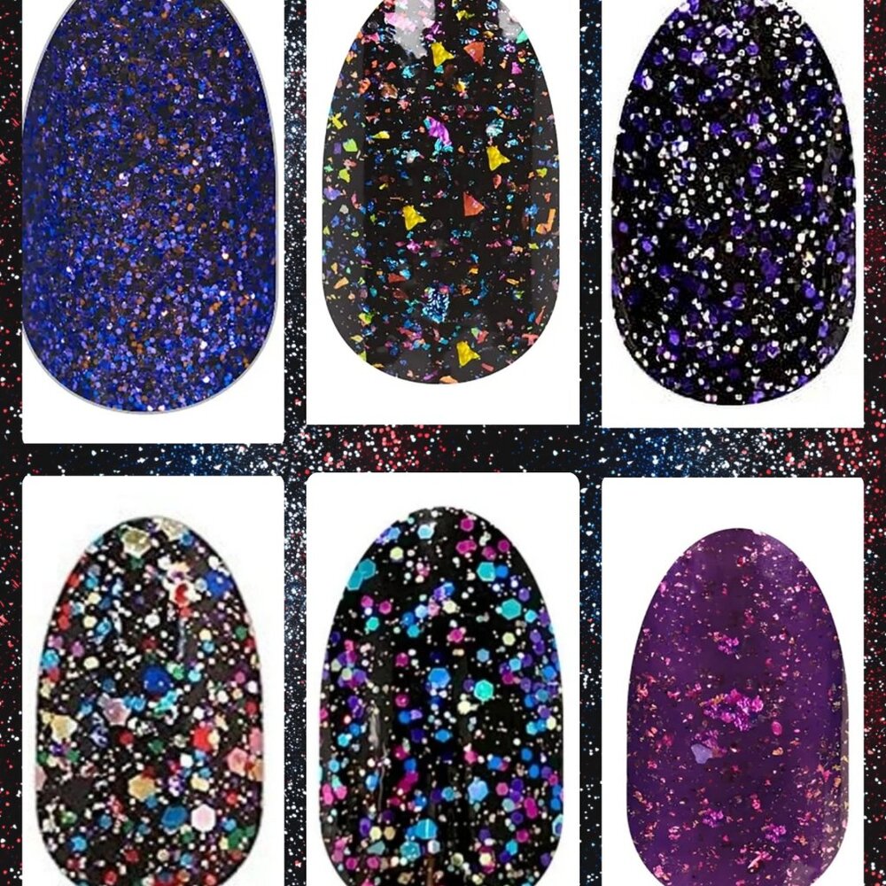 Black Glitter Bundle- (x6 Sets) Black Nail Strips w/Various Glitter